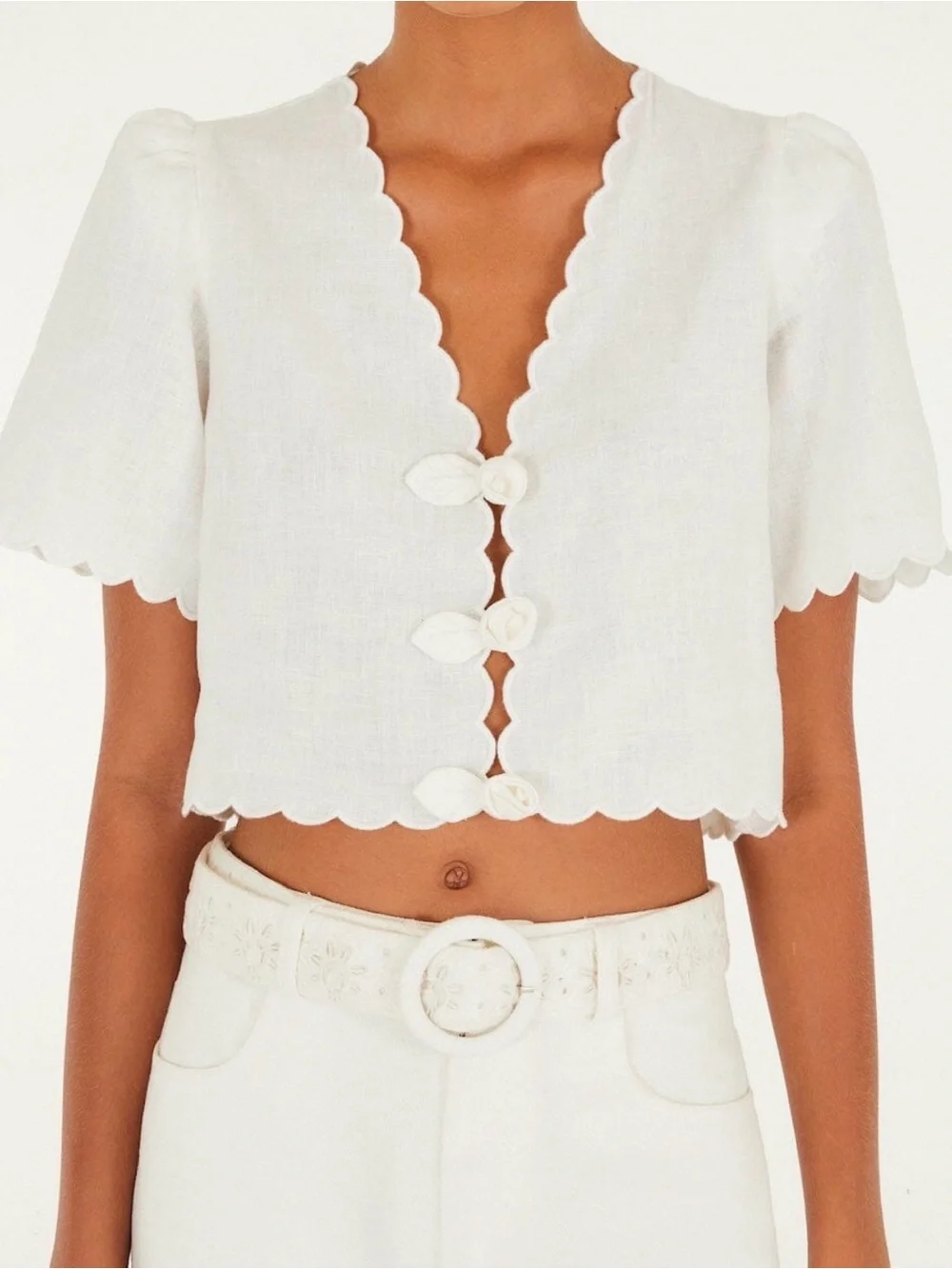 FARM Rio Off-White Roses Scallop Artisanal Linen Crop Top Size L NWOT